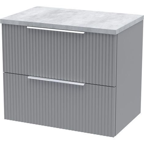 Tixall Fluted 2 Drawer Wall Hung Vanity Unit with Laminate Worktop, Satin Grey, 600mm