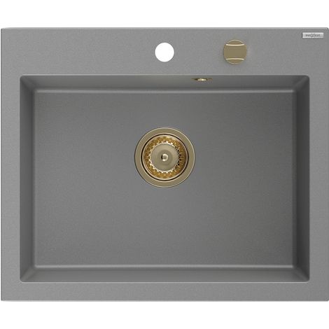 Mexen Elix fregadero de granito de 1 cubeta 600 x 500 mm, gris, sif贸n dorado - 6525601005-71-G (1/5)