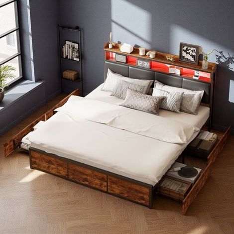 Letto matrimoniale 140x200 - Stile industriale - Ritiro cassetti - Illuminazione LED intelligente - Nero opaco