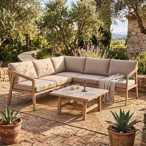 Set de salon d'angle Kalimera Desert en aluminium effet bois avec table basse 118,5 x 72,5 x 78 cm et 191,5 x 72,5 x 78 cm (1/5)