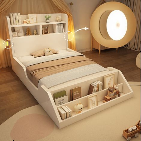 Letto singolo in legno bianco 90x200 cm con testiera, mensole, luci notturne e rete a doghe (1/5)