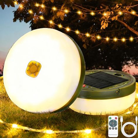 Guirlande Lumineuse Solaire de Camping 10M Rechargeable USB-C/Solaire - 8 Modes d'Éclairage, Télécommande, Minuterie, 12H Autonomie, IP44, Léger 270g - Blanc Chaud pour Tente, Jardin, Randonnée, Noël. (1/5)