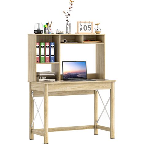 Bureau avec rangement bureau bibliothèque en bois avec étagères et grand plateau pour petits espaces, aspect chêne