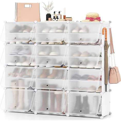 Étagère à Chaussures à 8 Niveaux Armoire à Chaussures en Plastique pour 48 Paires avec Crochet de Suspension Latéral Réglable Blanc (1/2)