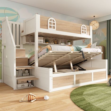 Litera infantil de madera con escalera de almacenaje 90x200 y 140x200 cm blanco y natural (1/5)