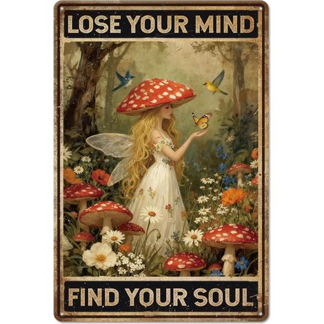 Plaque Murale Vintage en Métal « Chasseur de Champignons » (12x8pouces) – Décoration « Esprits et Âme » – Plantes de la Forêt – Femme – Décoration Murale pour la Maison la Chambre (1/5)