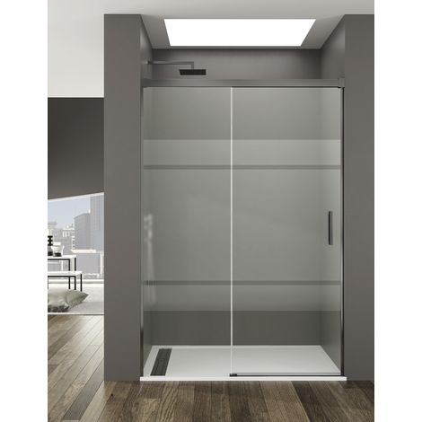 Mampara de ducha Frontal ALLSTONE BASIC 1+1, sin perfil inferior 5 colores de perfilería, 2 tipos de cristal de 6mm en Aluminio perfil Titanio 150-155 cm cristal Serigrafiado (1/3)