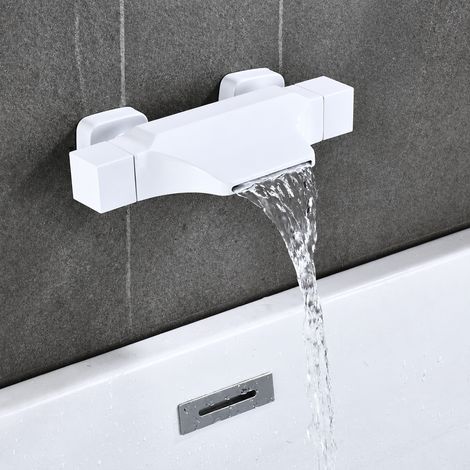 Mitigeur de baignoire cascade mural en laiton avec douchette, bec plat blanc monofonction, ensemble robinet de salle de bain 4 kg – Livraison gratuite (1/5)