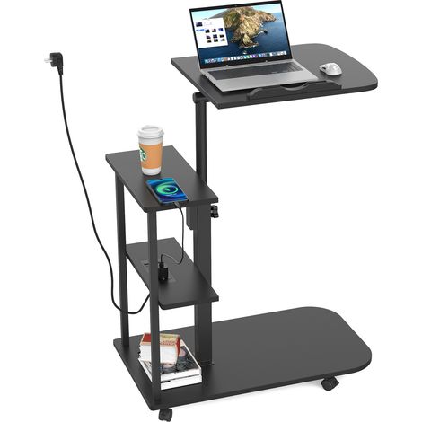 Bureau Mobile Gaming avec 3 Étagères en MDF Noir - Table d'Ordinateur Réglable Électrique (71-107cm) & Station de Recharge USB/Prise, Roulettes Pivotantes pour Bureau à Domicile/Espace Compact (1/5)