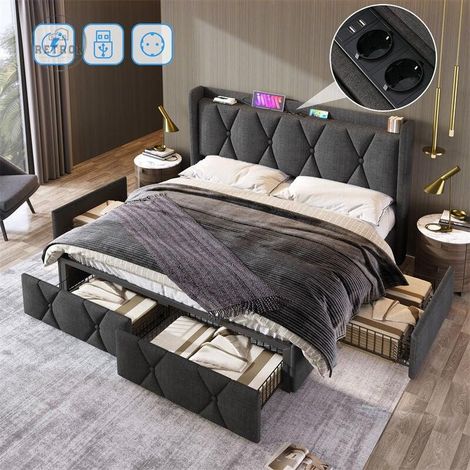 Lit double rembourré, cadre de lit en lin avec 4 tiroirs, sommier à lattes en bois, tête de lit avec chargement USB, gris 140x200cm (1/5)