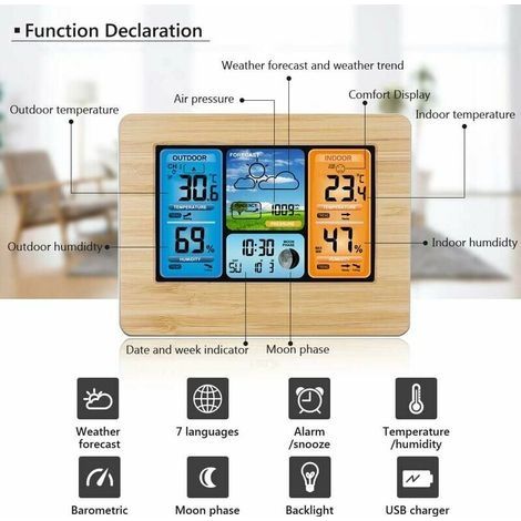 Drahtlose Wetterstation mit digitaler Farbanzeige für Wettervorhersage, Warnmeldungen und Anzeige von Temperatur, Luftfeuchtigkeit, Barometer, Wecker, Mondphasenanzeige und Wetter mit Außensensor (1/4)