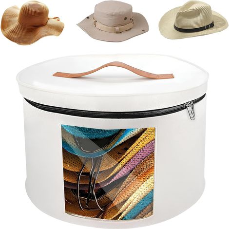 Hutaufbewahrung mit Deckel, großer faltbarer Hut-Organizer, faltbare Hutbox aus Filz, runde Hutbox aus Filz, 42 x 26 cm, transparentes Fenster (Beige)