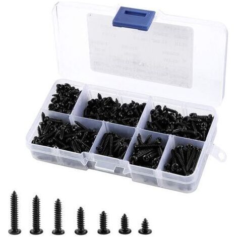FENOPLASTICA500 vis autotaraudeuses noires M3, tête ronde, adaptées au liège et au métal, conditionnées dans une boîte en plastique. (1/4)