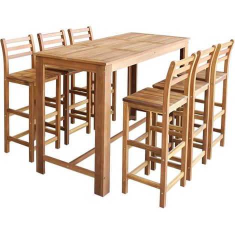 Table de bar rectangulaire bois d'acacia massif et 6 tabourets naturel Zeni (1/5)