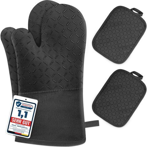 4er-Set Ofenhandschuhe/Topflappen – Hitzebeständige Ofenhandschuhe bis 300 °C, rutschfeste Silikonhandschuhe, weiche Baumwolle, 32 cm lang und flexibel, Schwarz (1/5)