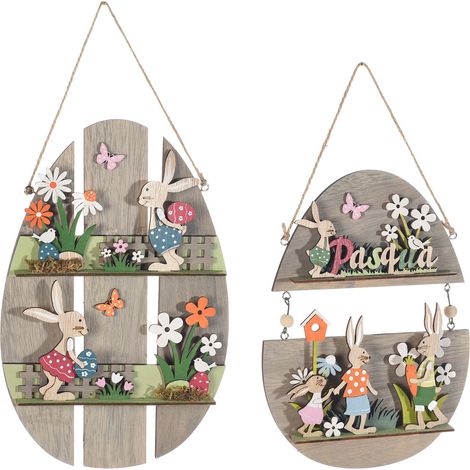 Decorazione a uovo da appendere in legno con personaggi pasquali, set da 2 pezzi, cm 17 x 26 H