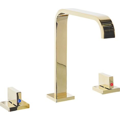 Grifo mezclador para lavabo bimando para baño moderno de metal dorado brillante Kagera (1/5)