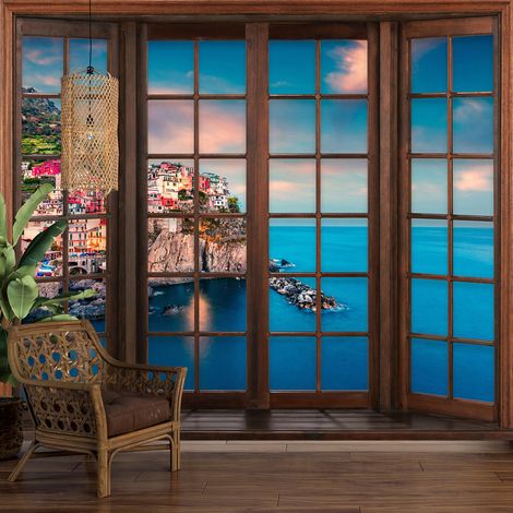 Papier peint panoramique Trompe l'oeil Fenêtre en bois - Cinque Terre - 130 cm x 104 cm (1/5)