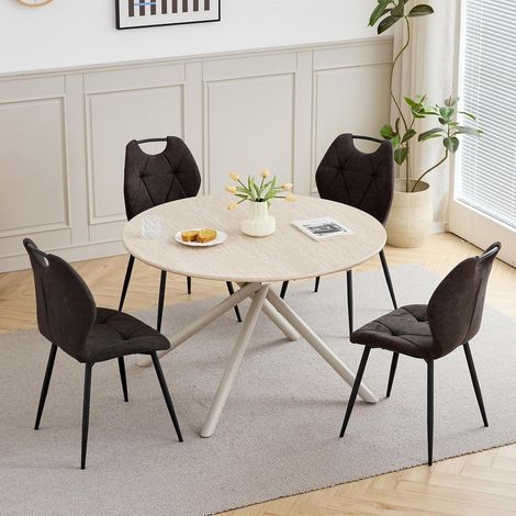 Essgruppe: Runder Tisch (115cm) mit 4 Leinensitz-Stühlen, Hellgelb + Schwarz (1/5)