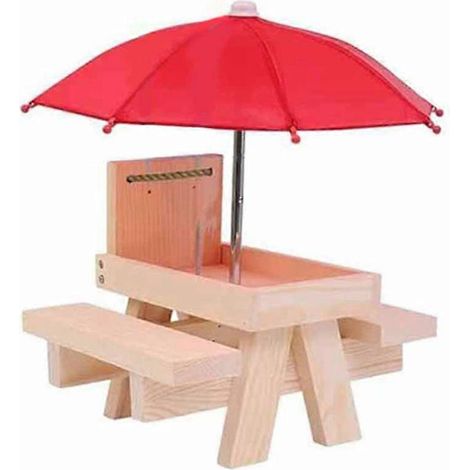 Table de pique-nique avec mangeoire à écureuils et parasol, mangeoires en bois pour l'extérieur, mangeoire à tamias mignonne + structure solide B (1/5)