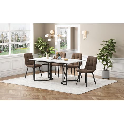 Ensemble salle à manger 5 pièces table 140×80 cm pieds métal noir plateau MDF blanc avec 4 chaises velours marron. (1/5)