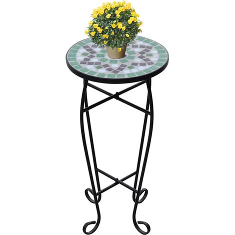 Table d'appoint en mosaïque vert et blanc – Guéridon extérieur en fer et céramique Ø 30 cm H 60 cm pour jardin balcon terrasse (1/5)