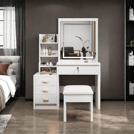 Tavolo da Trucco con Specchio Grande 85x36x130cm, illuminazione regolabile e 4 cassetti, Bianco MDF per camera (1/5)
