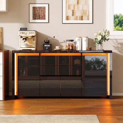 Buffet de cuisine 160cm 4 portes 2 tiroirs, LED réglable 7 couleurs, imperméable et facile à nettoyer, style moderne noir