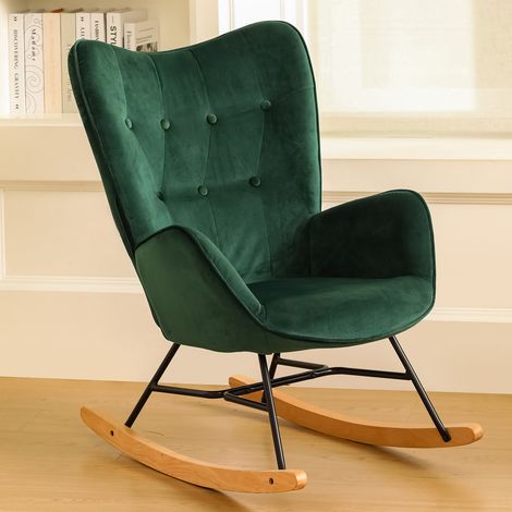URBAN MEUBLE Fauteuil à bascule scandinave en velours vert pieds en bois clair (1/9)