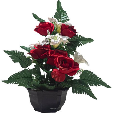 Vasque de Roses et Lys fleurs artificielles pour le cimetière H 43 cm Lg 23 cm Rouge-orange - couleur: Rouge-orange