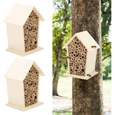 Maison pour Abeilles en Bois à 2 Pièces, Nichoir avec Bambou, Refuge Naturel pour Pollinisateurs, Habitats Sécurisés, Déco de Jardin, Cadeau Écologique