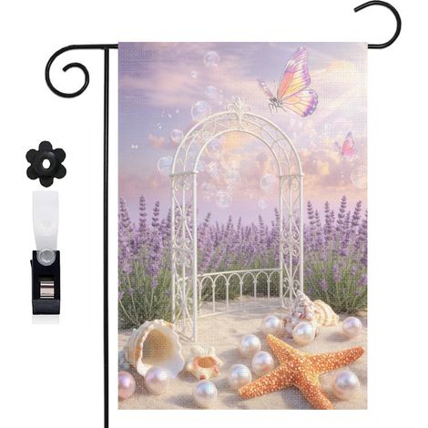 Drapeau de jardin bienvenue 30 x 45 cm motif coquillages escargots et décor océan toile double face (1/5)