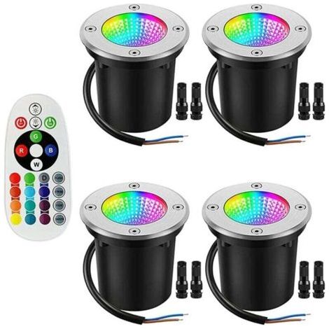Lumière souterraine RVB, lumière souterraine extérieure 12-24 V avec connecteur de fil 6 W changement de couleur IP67 étanche LED basse tension paysage lumière, paquet de 4 (1/4)