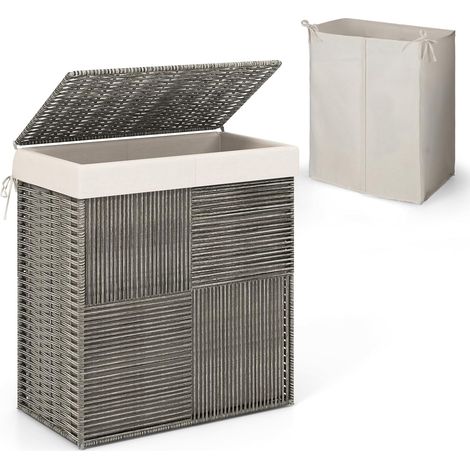 GOPLUS Panier à Linge 110L en Rotin Tissé à la Main avec Couvercle, Grand Panier à Linge de 2 Compartiments, Sac à Doublure Amovible, pour Buanderie, Salle de Bain, 57x33x62cm (1/5)