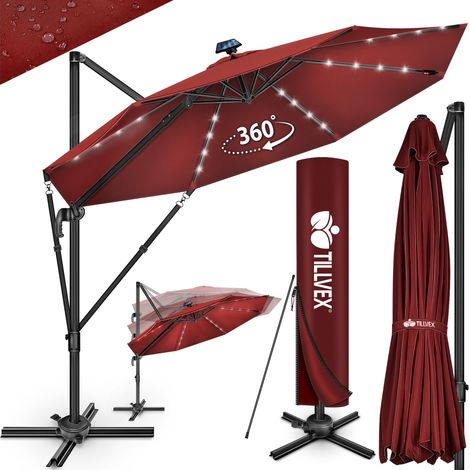 tillvex Parasol haut de gamme en aluminium rouge 330 cm + housse et pare-vent Parasol déporté 6 positions avec manivelle Parasol de jardin rotatif, inclinable et inclinable à 360° Grand parasol à m