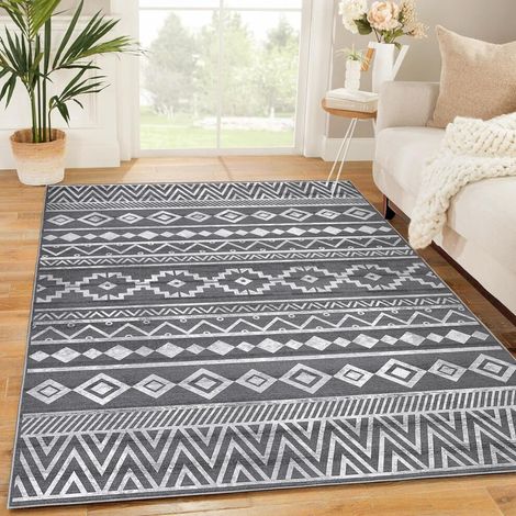 Tapis lavable 5x7 – Tapis d'intérieur doux, style bohème, antidérapant et géométrique, idéal pour le salon, la chambre, le bureau et la cuisine (gris et blanc)
