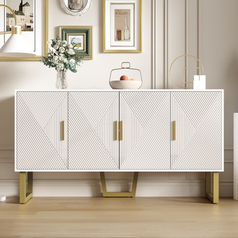 Buffet 150x40x82cm - Armoire avec 4 portes texturées brillantes et poignées dorées, étagères réglables en hauteur - Blanc (1/5)
