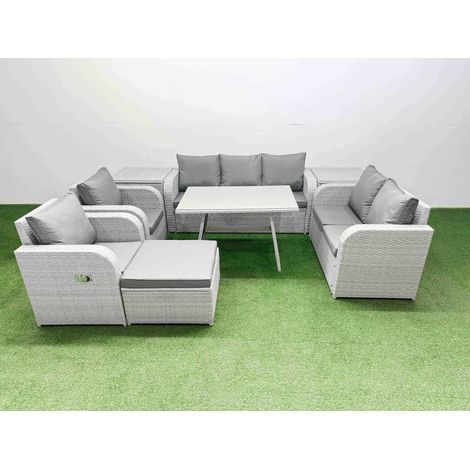 Fimous PE Rattan Garden Furniture Set Outdoor Rectangular Dining Table Sofa Set with Reclining Chair Big Stool 2 Side Tables Light Grey (1/4)