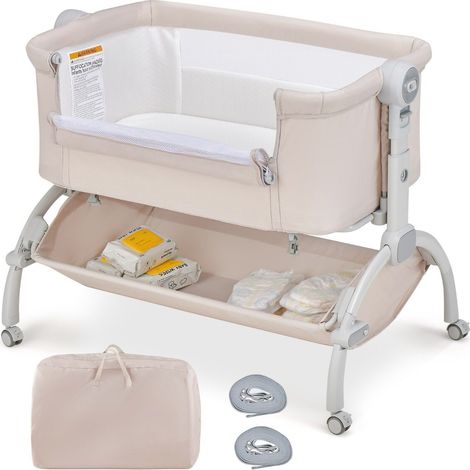 Side by Side Cot with 7-Level Height Adjustment for Newborns, Baby Co-Sleeper Crib with Storage Basket Beige