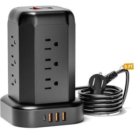 Multiprise tour à 12 prises avec 4 ports USB, protection contre les surtensions, fiche plate, cordon d'alimentation de 1,5 m, noire. (1/5)