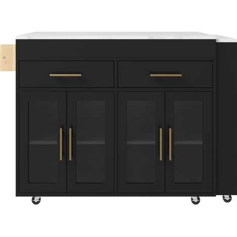 Îlot de cuisine mobile noir avec table bar extensible, rangements et portes vitrées, 132,5-217 x 50 x 93 cm (1/5)