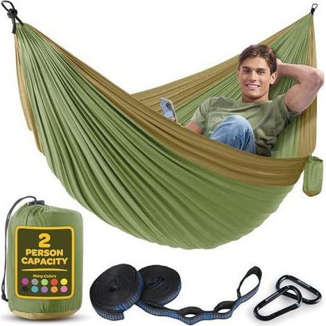 2-Personen-Hängematte, Flexibel, Ultralight und Tragbar, Tragfähigkeit 350 kg, Ideal für Garten, Camping, Reisen, Armee Grün.
