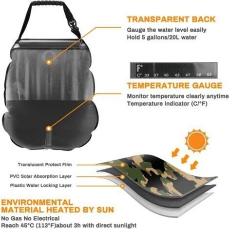Douche solaire de camping, 20 l, portable, avec pommeau de douche à 45 °C, marche/arrêt
