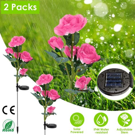 Lampe solaire de jardin d'extérieur, 2 lampes solaires de jardin LED en forme de rose avec douille au sol, adaptées aux jardins, terrasses et patios (rose). (1/5)