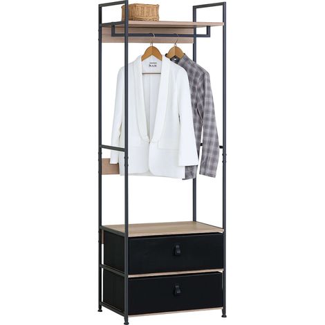 Armario Abierto, Perchero Dormitorio, Vestidor 2 Cajones Tela Lofi Barra Colgadora Roble Cambrian y Negro con Estante 60x175 cm