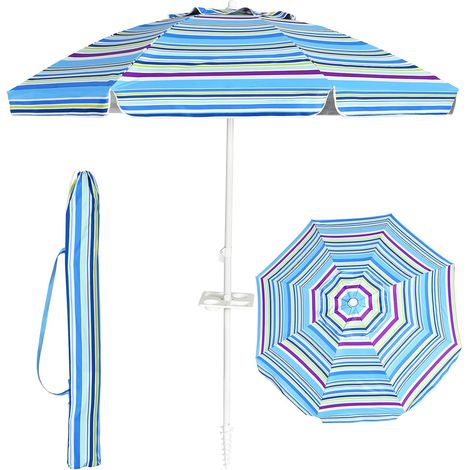 GOPLUS Parasol de Plage D199xH173CM-Tête Inclinable avec Porte-gobelet/Auvent/Sac/Bord Rabattu-8 Baleines-Pointe en Vrille-Bleu Claire (1/5)