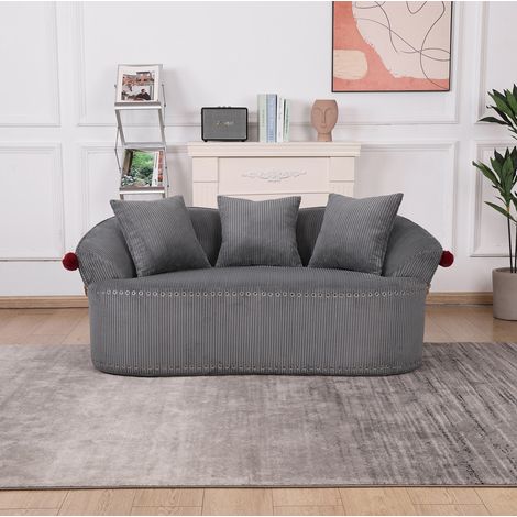 MODFU – Canapé 2 places velours côtelé 104 cm – Design chapeau de clown et pompons rouges – Détails boucles effet corne et clous décoratifs – Salon ou hôtel – Gris foncé (1/5)