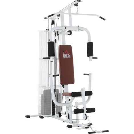 Station de musculation multifonction pour domicile avec tirage vertical, leg curl et entraînement complet, structure métal blanche, 150 x 110 x 210 cm, CHICFURN (1/5)