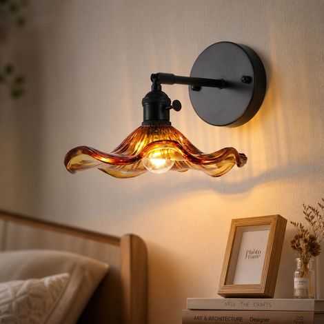 Applique murale rétro en verre épais et fer, culot E27, interrupteur intégré, tête orientable 90°, pour chambre ou salon (1/5)