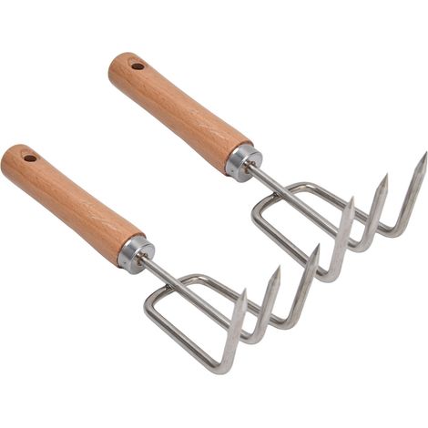 Set aus 2 leichten Edelstahlrechen 220 mm, Gartengerät zum Jäten, Auflockern des Bodens und Pflegen von Blumen (Modell M-A04, Dreizack, einzeln in Luftpolsterfolie verpackt). (1/5)